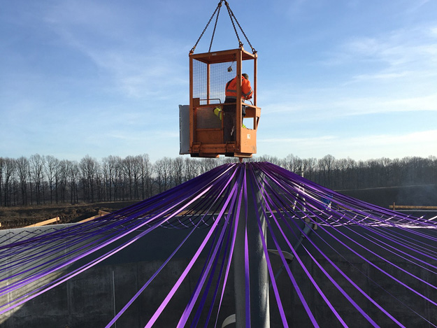 Belt support construction with center pole at tank-installed gasholder